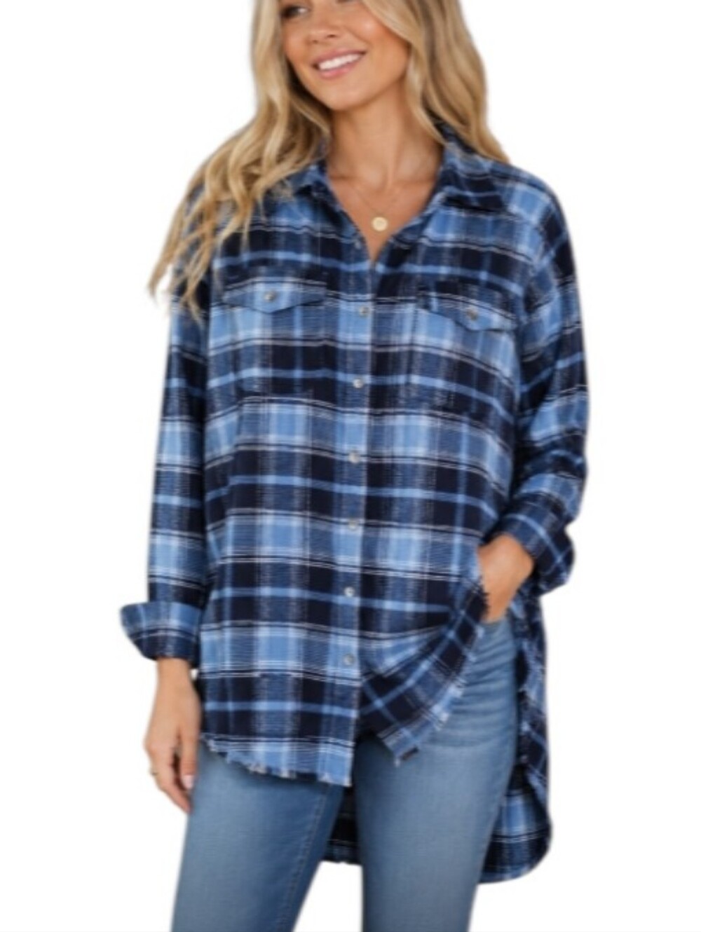 Billabong Blue Plaid Button-Down High-Low Fray Flannel Shirt-NWT